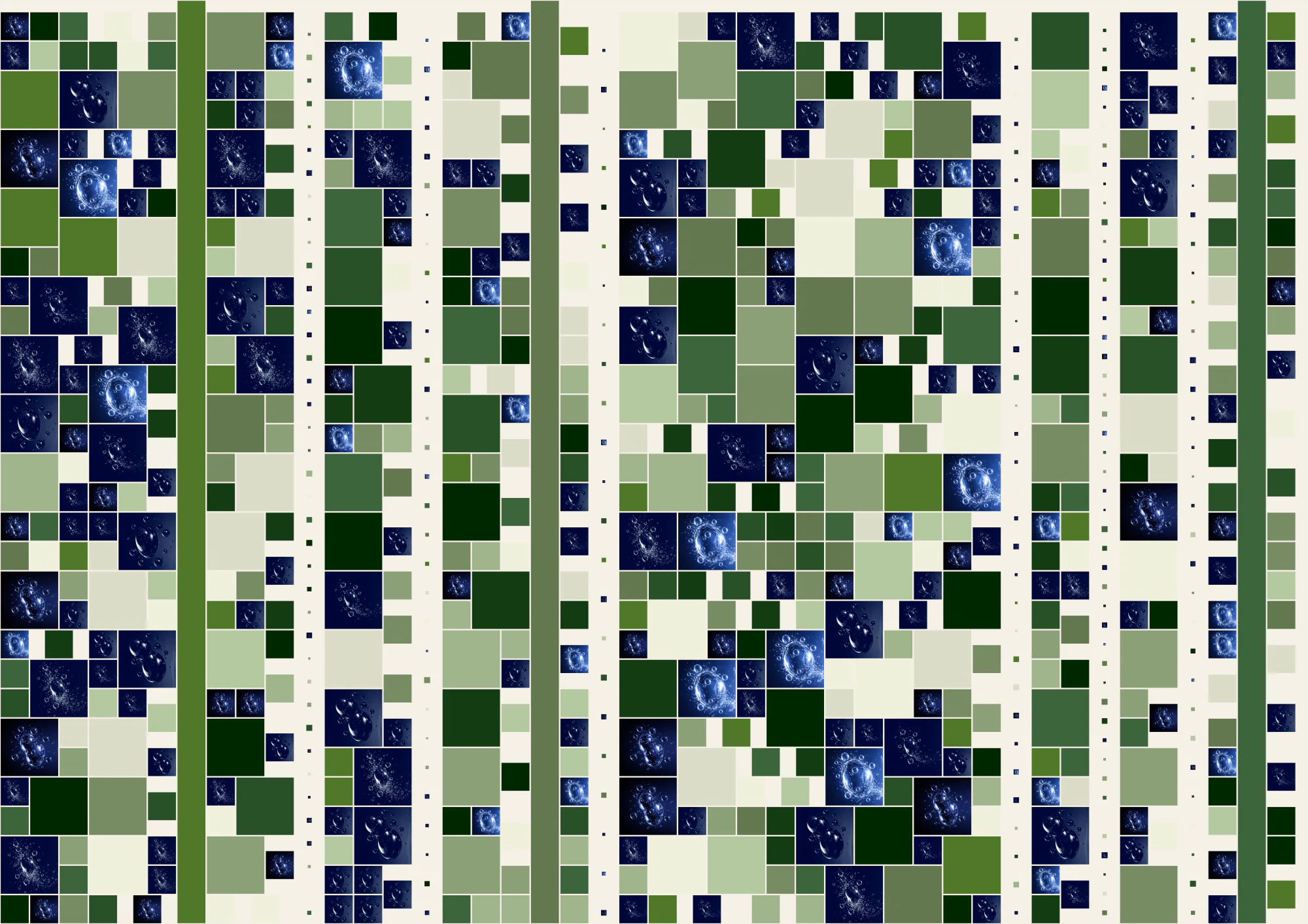 A mosaic of green and navy squares, some carrying small blue motifs