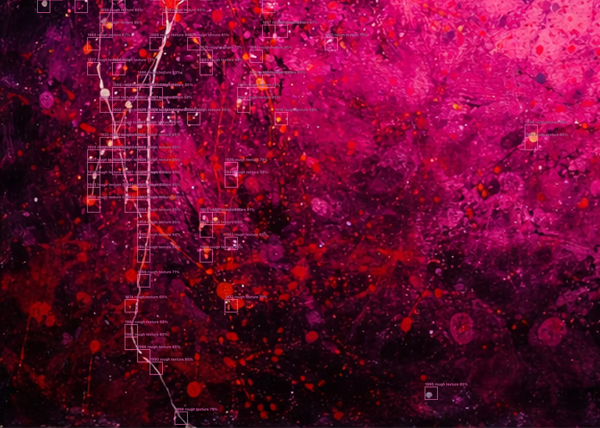 A magenta and black field scattered with dots, a pale grid drifting across it